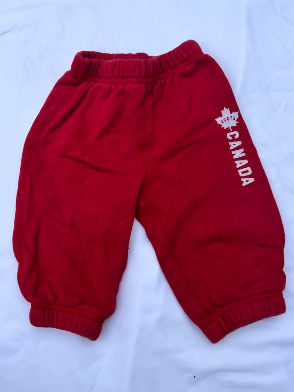 Baby Boys 6-12M Roots Canada Fleece Joggers — Red Maple Leaf — EUC